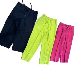 Three Casual Linen And Cotton Pants - Navy Blue, Green, Pink